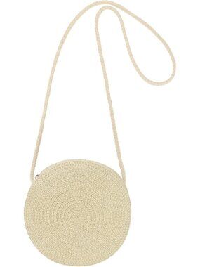Women's Beige Small Round Straw Crossbody Bag Beach Handbag Purse for Summer
